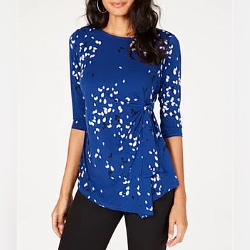Alfani Blue Floral Bloom Print Side Tie 3/4 Sleeve Stretch Knit Top Plus Size 2X
